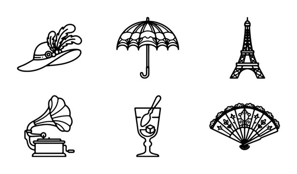 Vintage Paris Icons: Eiffel Tower, Hat, Umbrella, Fan, Gramophone, Drink Vector Set