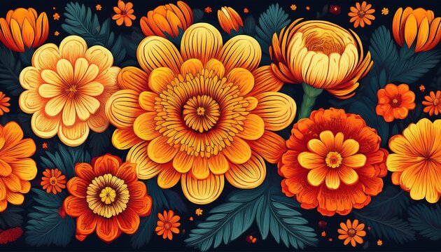 abstract pattern of marigold flowers in various shades of orange and yellow on a dark background capturing the essence of the traditional day of the dead flower