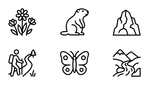 Nature Icons Set: Flowers, Groundhog, Mountains, Hiking, Butterfly, Landscape Vector Graphics