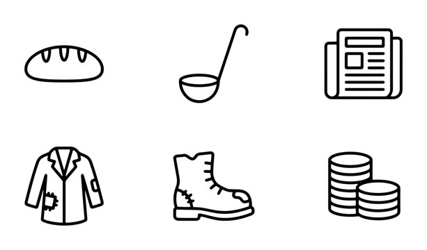 Poverty Icons Set: Bread, Ladle, Newspaper, Coat, Boot, Coins, Social Issues, Charity