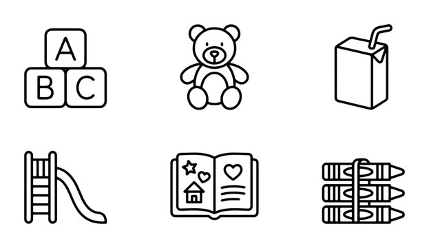 Children's Icons: ABC Blocks, Teddy Bear, Juice Box, Slide, Book, Crayons - Vector Set