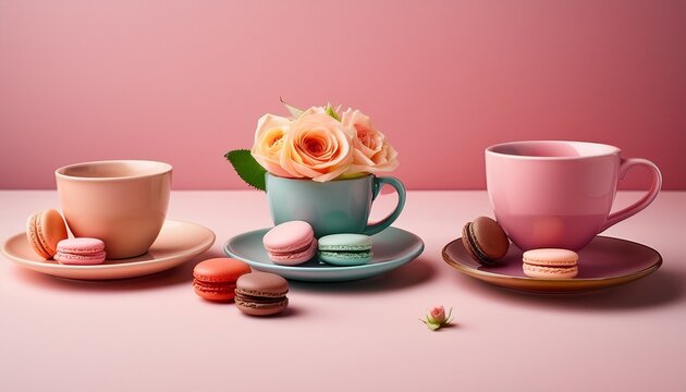 colorful cups and saucers creative composition roses and macarons against pastel pink background tea time snack theme