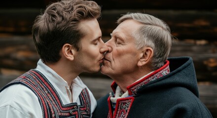 Fototapeta premium Elder and Younger Man Sharing Gentle Kiss in Traditional Clothing