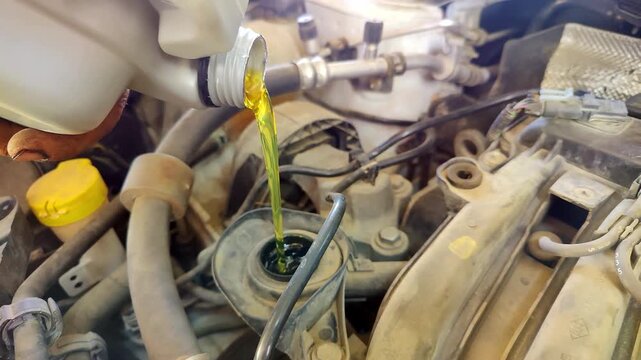 Close up of mechanic pouring golden liquid engine oil from a plastic bottle into a vehicle engine. Car maintenance, auto repair service concept, stock video.
