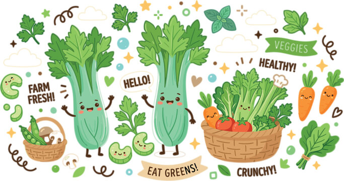 Cute Celery Character Collection with Kawaii Farm Fresh Vegetables, Healthy Food Basket, Organic Produce, and Fun Nutrition Illustration Set