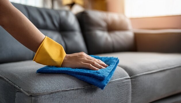 close up of hand cleaning fabric sofa with microfiber cloth