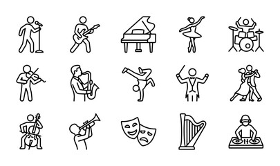 15 Music and Dance Icons, Vector Art Set: Performance, Concert, Ballet, DJ, Orchestra, Jazz © Shanta