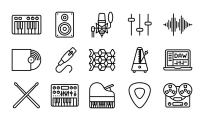 Music Production Icons Set, Audio Recording Equipment Vector Graphics, Sound Studio Elements Collection © Shanta
