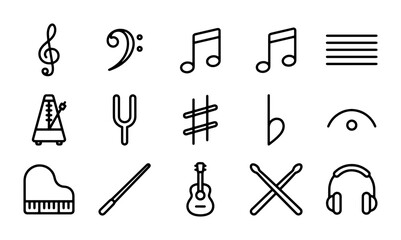 Music Icons Set: Treble Clef, Bass Clef, Notes, Metronome, Guitar, Piano, Headphones © Shanta