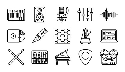 Music Production Icons Set: Audio Equipment, Instruments, Recording Tools, Sound Design Elements © Shanta