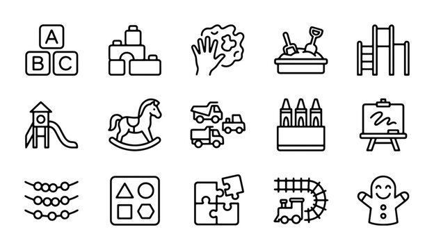 Children's Playtime Icons: Building Blocks, Sandpit, Rocking Horse, Train, and More - 15 Vector Graphics for Kids' Activities