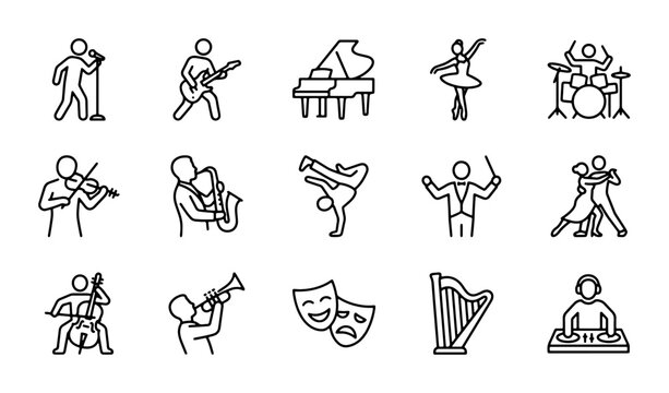 Vector Music Icons Set: Performance, Instruments, Dance, DJ, Orchestra, 15 Elements