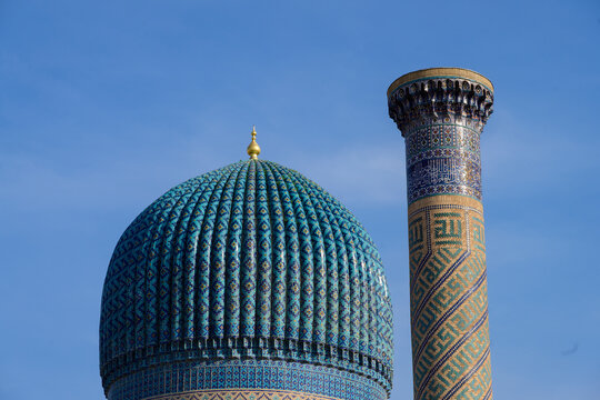 Dome and Pillar with Colorful Turquoise Tiles at Guri Amir or Gur-E-Amir Mausoleum, Samarkand, Uzbekistan