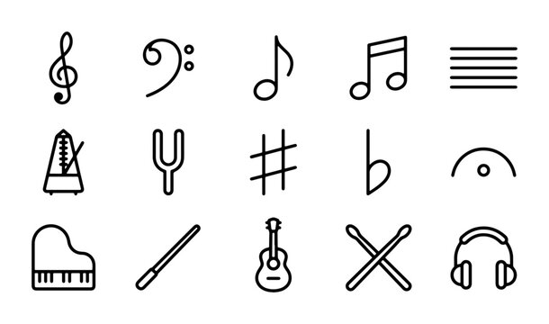 Musical Symbols Vector Icons Set: Treble Clef, Bass Clef, Notes, Metronome, Guitar, Piano, Headphones
