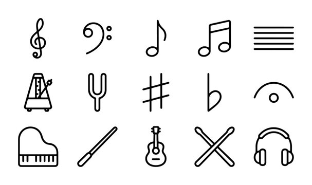 Musical Symbols and Instruments Icon Set: Treble Clef, Bass Clef, Notes, Piano, Guitar, Drums