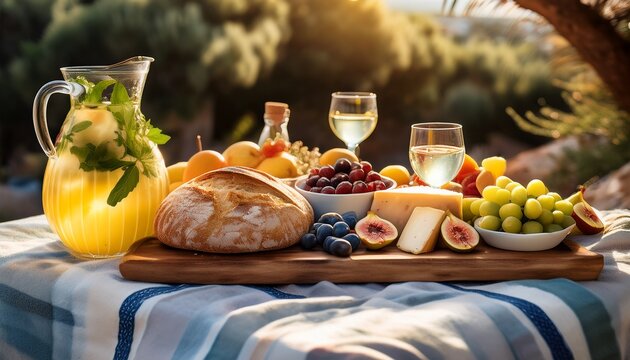 mediterranean picnic spread with fruit bread cheese olives and fresh lemonade outdoors