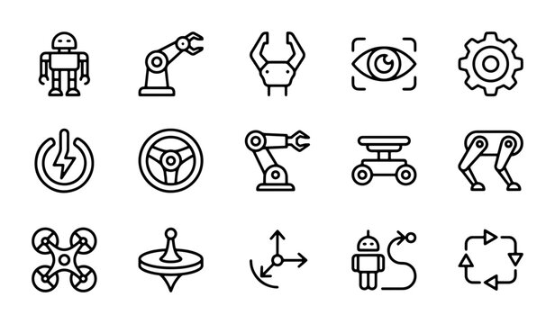 Robotics and Automation Icons Set, Futuristic Technology Symbols, Industrial Machine Elements, AI and Engineering Graphics, Vector Line Art Collection