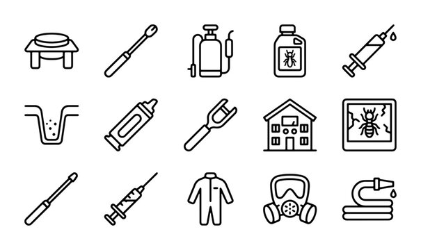 Pest Control Icons Set: Extermination Tools, Protective Gear, Sprayers, Syringes, House