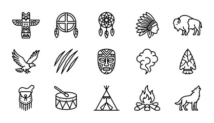 Native American Icons Set: Totem, Dreamcatcher, Buffalo, Eagle, Wolf, Teepee, Drum © Noshin