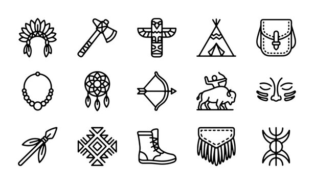 Native American Icons, Tribal Symbols Set, Indigenous Culture Vector Graphics