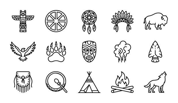 Native American Icons Set, Tribal Symbols Collection, Indigenous Culture Elements, Vector Art