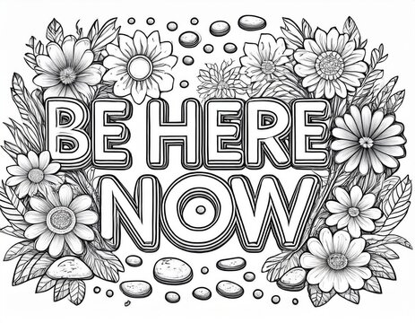 affirmation coloring page for adults with be here now text surrounded by flowers and stones