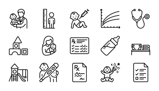 Pediatric Healthcare Icons: Growth Charts, Doctor, Baby Care, Medical Supplies, Children's Health