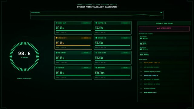 A cloud infrastructure node display shows real time diagnostic telemetry data streaming across multiple dark monitors featuring glowing neon green software interfaces and analytical system metrics