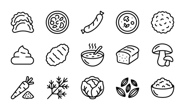 Food Icons Set, Vector Graphics of Culinary Elements, Simple Line Art for Menus and Recipes