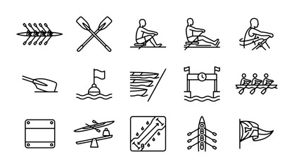 Rowing Icons Set, Water Sports Vector Graphics, Aquatic Competition Symbols, Rowing Boat & Oars © Sabiha