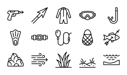 Spearfishing Equipment Icons, Scuba Gear, Underwater Hunting Vector Set © Sabiha