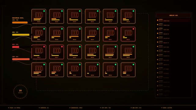 a glowing cloud infrastructure node dashboard display showing active network server status in a dark room with data log updates and monitoring panel grid lines