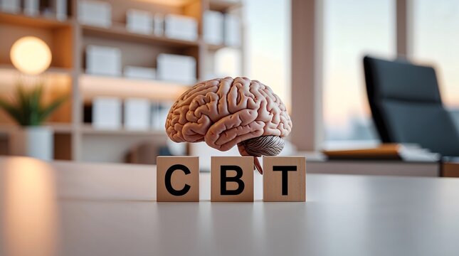 Cognitive Behavioral Therapy concept featuring a brain model over CBT letter blocks in a blurred office setting, illustrating psychological tools for mental health and brain function