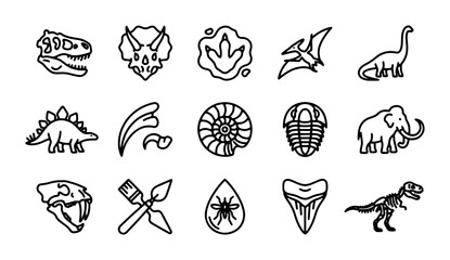 Dinosaur Icons Set, Prehistoric Animals Vector Graphics, Fossil Collection, Paleontology Symbols © Oishi