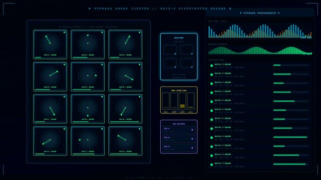 A digital cloud infrastructure node display shows complex data fluctuations as glowing graphical elements pulse on a dark screen representing modern networking and server performance monitoring