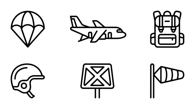 Parachute, Airplane, Backpack Icons: Adventure, Travel, Aviation, Safety, Gear, Equipment Set