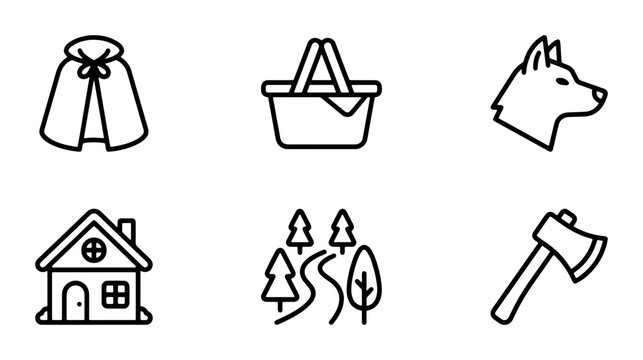 Little Red Riding Hood Icons Set, Fairy Tale Vector Graphics, Storytelling Elements, Storybook Characters
