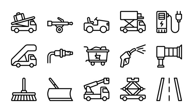 Airport Ground Support Equipment Icons, Transportation Service Vehicles, Aviation Logistics Vector Set