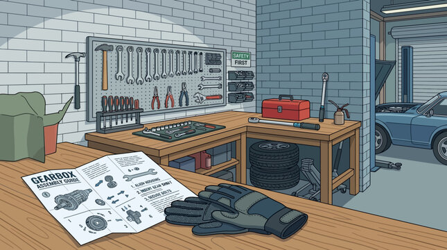 A well-organized garage workbench with tools, a work manual, and protective gloves on a wooden table in a gray brick-walled workshop with a car in the background.