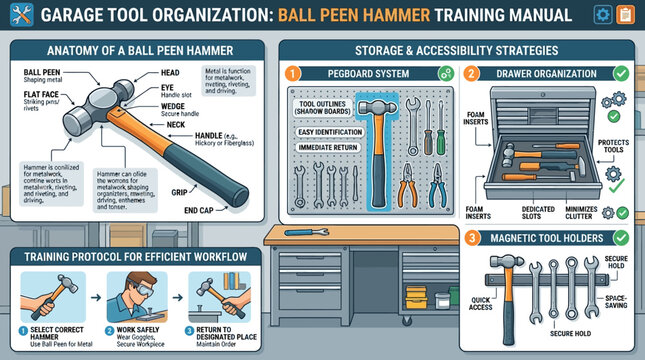 Infographic titled 'Garage Tool Organization: Ball Peen Hammer Training Manual' with detailed diagrams and storage strategies on a workbench background.