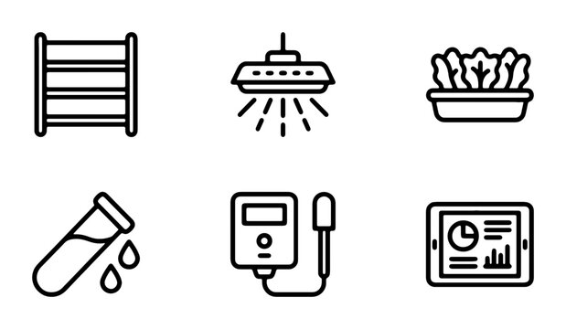 Indoor Farming Icons: Hydroponics, Grow Lights, Sensors, Data Tablet, Shelving, Plants