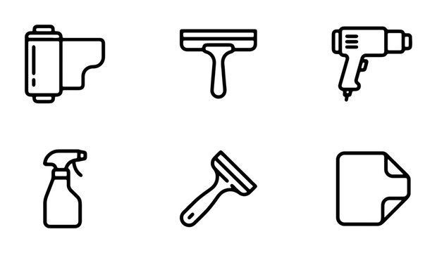 Car Tinting Tools Set, Window Film Squeegee, Heat Gun, Spray Bottle Icons