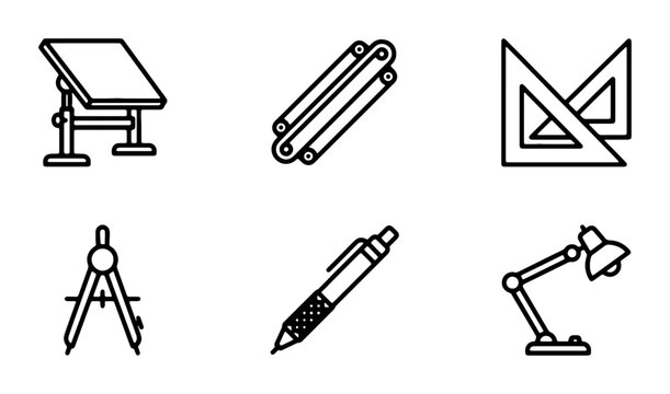 Drafting Tools Collection: Drawing Board, Compass, Ruler Set, Lamp, Pen, Drafting Machine Icons