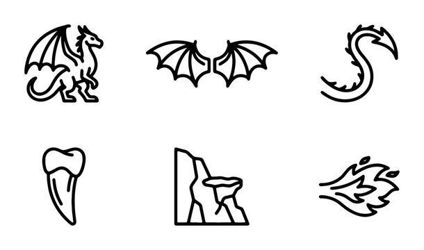 Mythical Dragon Icons, Fantasy Creature Elements, Fire Breath & Wings, Vector Set