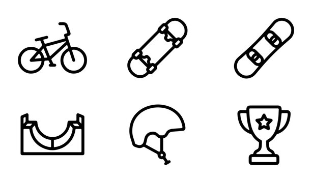 Extreme Sports Icons Set: BMX, Skateboard, Snowboard, Ramp, Helmet, Trophy Vector Graphics