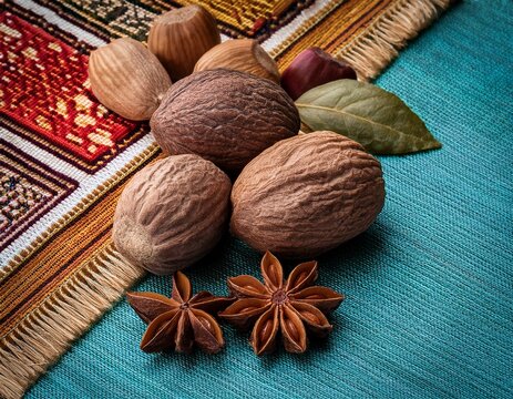 a cultural needlepoint border with nutmeg and other spices arranged artfully on a fabric featuring rich colors and detailed embroidery