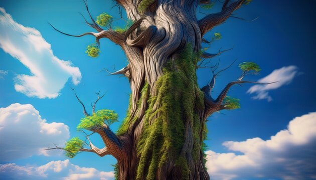 bare tree trunk with small green parasitic plants growing on its side against a vibrant blue sky with fluffy white clouds