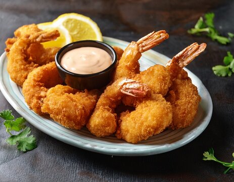 delicious crispy fried shrimp with dipping sauce and lemon wedges ready to be served as a seafood appetizer