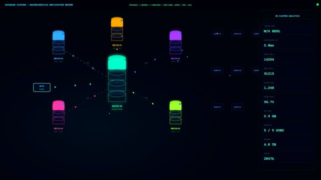 A glowing cloud infrastructure node dashboard displays real time network data flow sequences with changing numeric values across three distinct animated monitoring screens within dark space