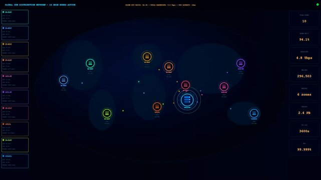 A digital cloud infrastructure node mapping display shows active servers and network zones within an animated dashboard interface providing system telemetry for global monitoring data centers